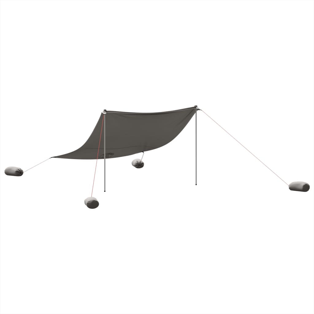 Detail van de vidaXL strandluifel in grijs, met zandankers en opzetstokken.