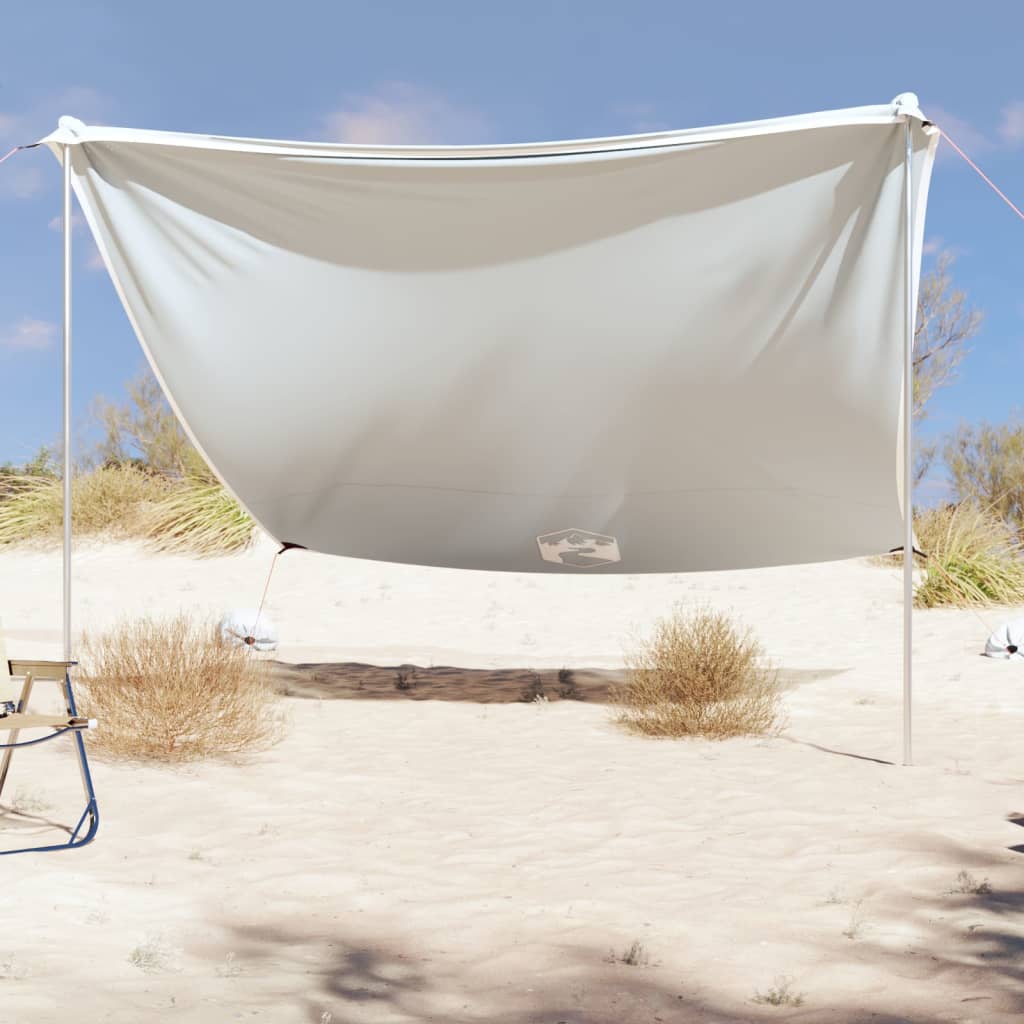 Grijze vidaXL strandluifel van 304x300 cm, gespannen tussen stokken op het strand.