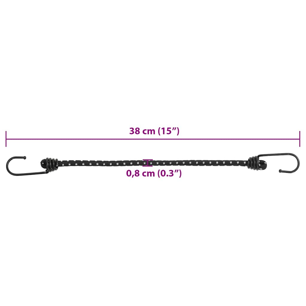 Detail van een spanelastiek van vidaXL van 38 cm met haken en reflecterende strips.