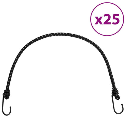 Zwarte vidaXL spanelastiek met reflecterende strips en haken, 59 cm, set van 25 stuks.