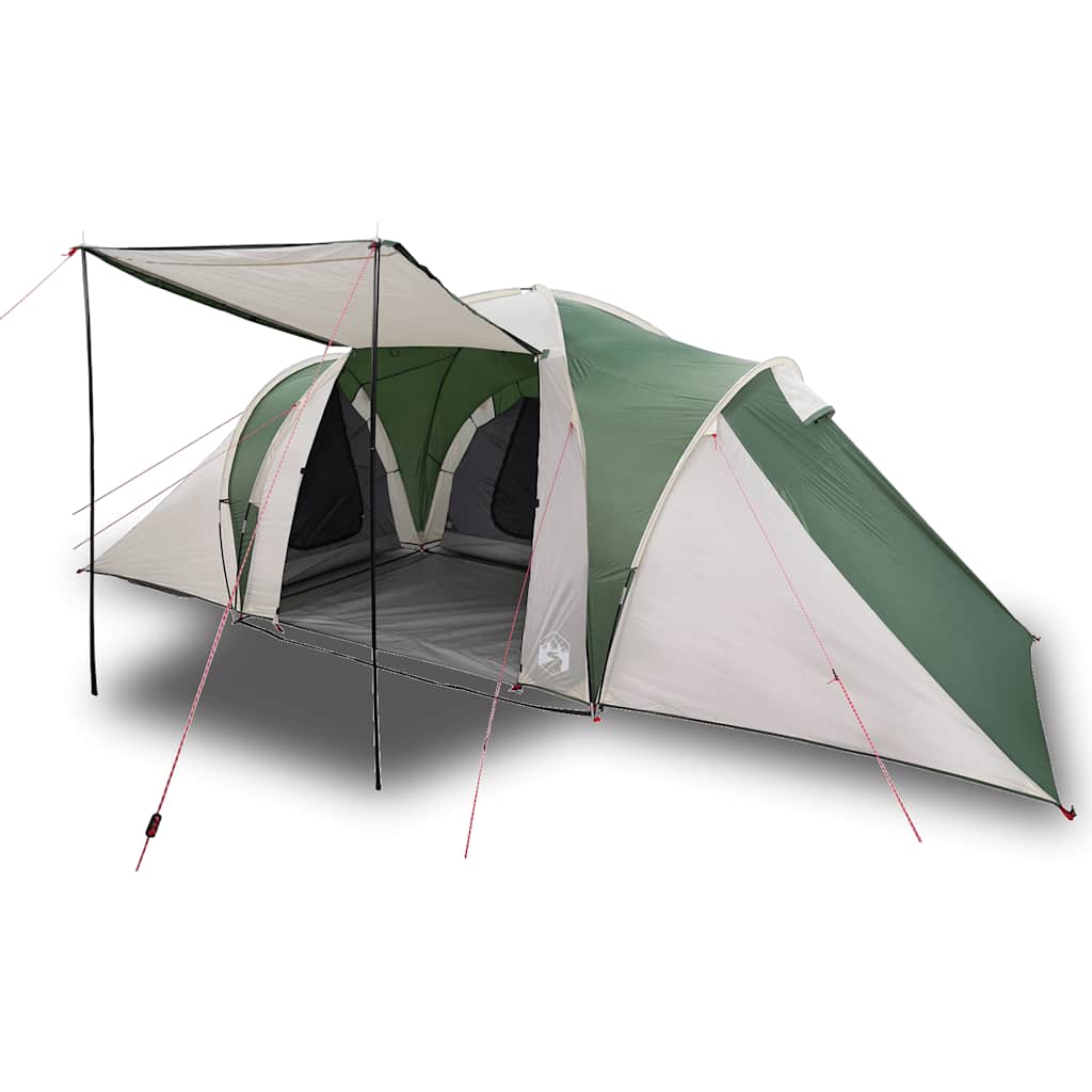 Detail van de vidaXL koepeltent met groene en grijze kleuren, zijaanzicht met luifel.