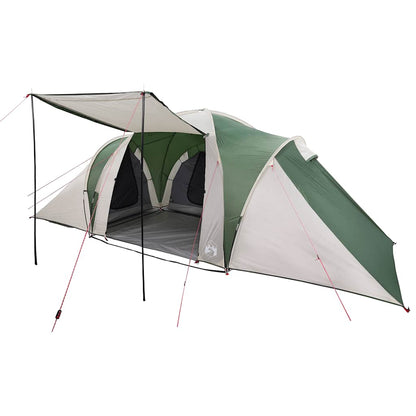 Zijaanzicht van de vidaXL koepeltent, met groene en beige kleuren en uitklapbare luifel.
