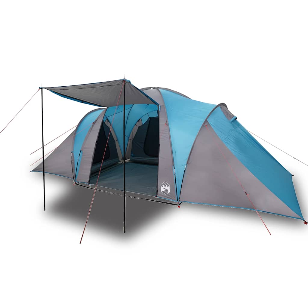Zijaanzicht van de vidaXL koepeltent in blauw met grijze accenten en luifel.