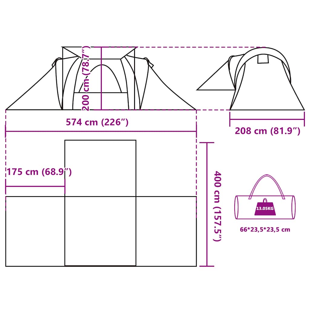 Technische tekening van de vidaXL koepeltent met afmetingen en ontwerpdetails.