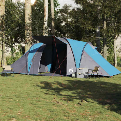 Zijaanzicht van de vidaXL koepeltent in blauw, met open ingangen en tentstokken.