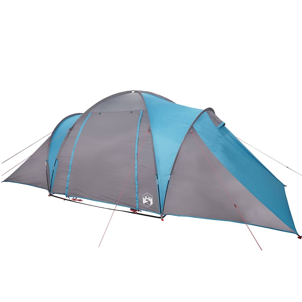 Zijaanzicht van de vidaXL koepeltent in blauw en grijs, met lichtgewicht constructie en waterdichte stof.