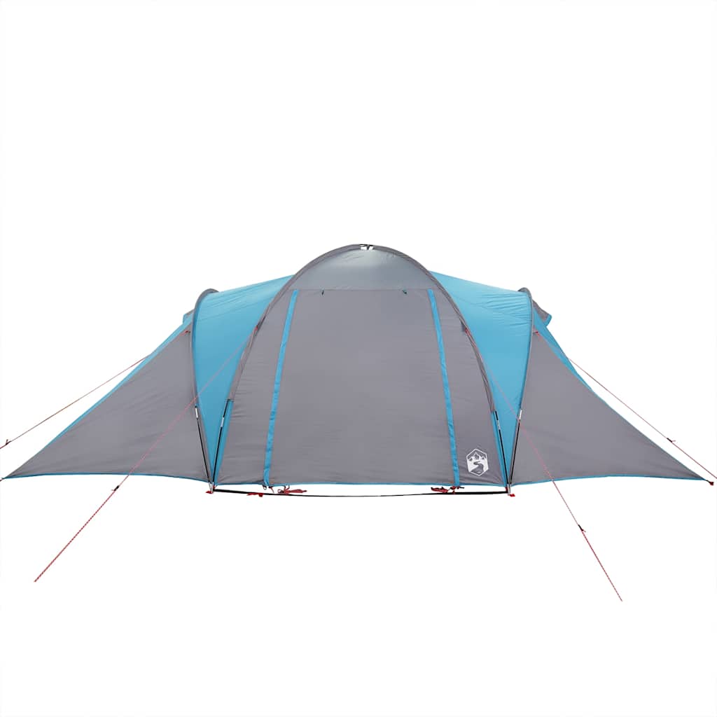Zijaanzicht van de vidaXL koepeltent in blauw met grijze details en ingespannen lijnen.
