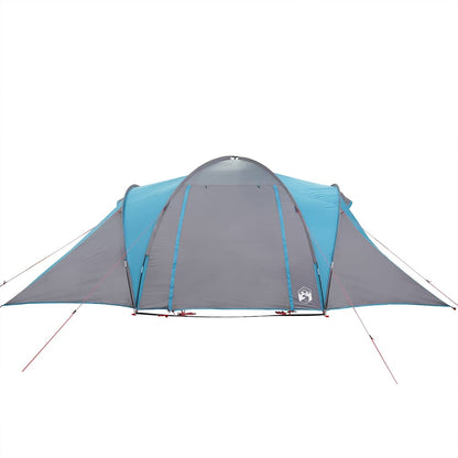 Zijaanzicht van de vidaXL koepeltent in blauw met grijze details en ingespannen lijnen.