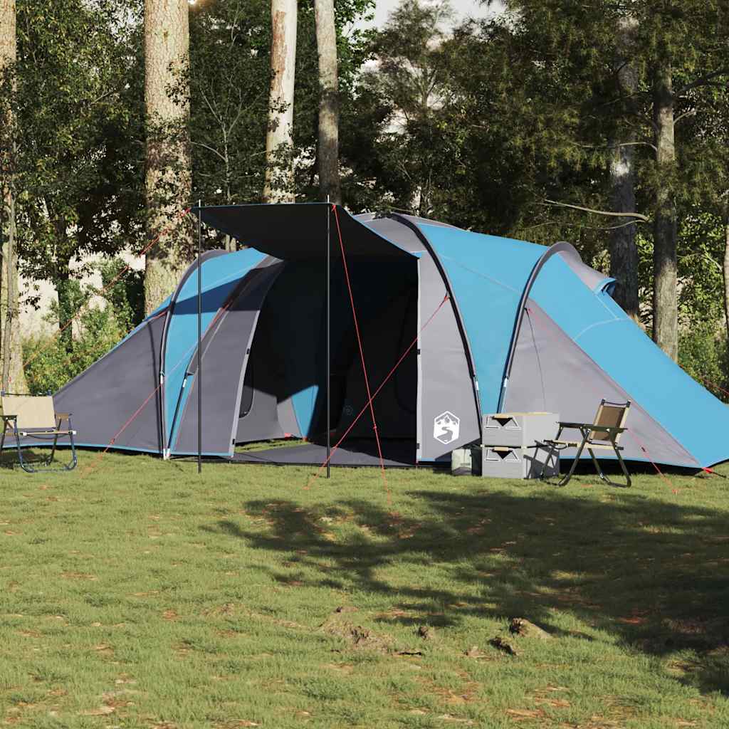 Blauwe vidaXL koepeltent voor 6 personen, waterdicht met ruime ingang en luifel.