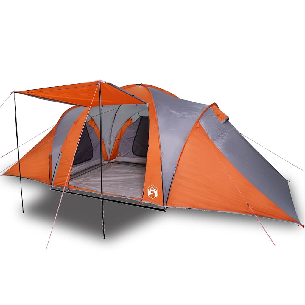 Zijaanzicht van de vidaXL koepeltent in grijs en oranje met uitklapbare luifel.