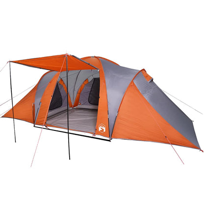 Zijaanzicht van de vidaXL koepeltent in grijs en oranje met open luifel.