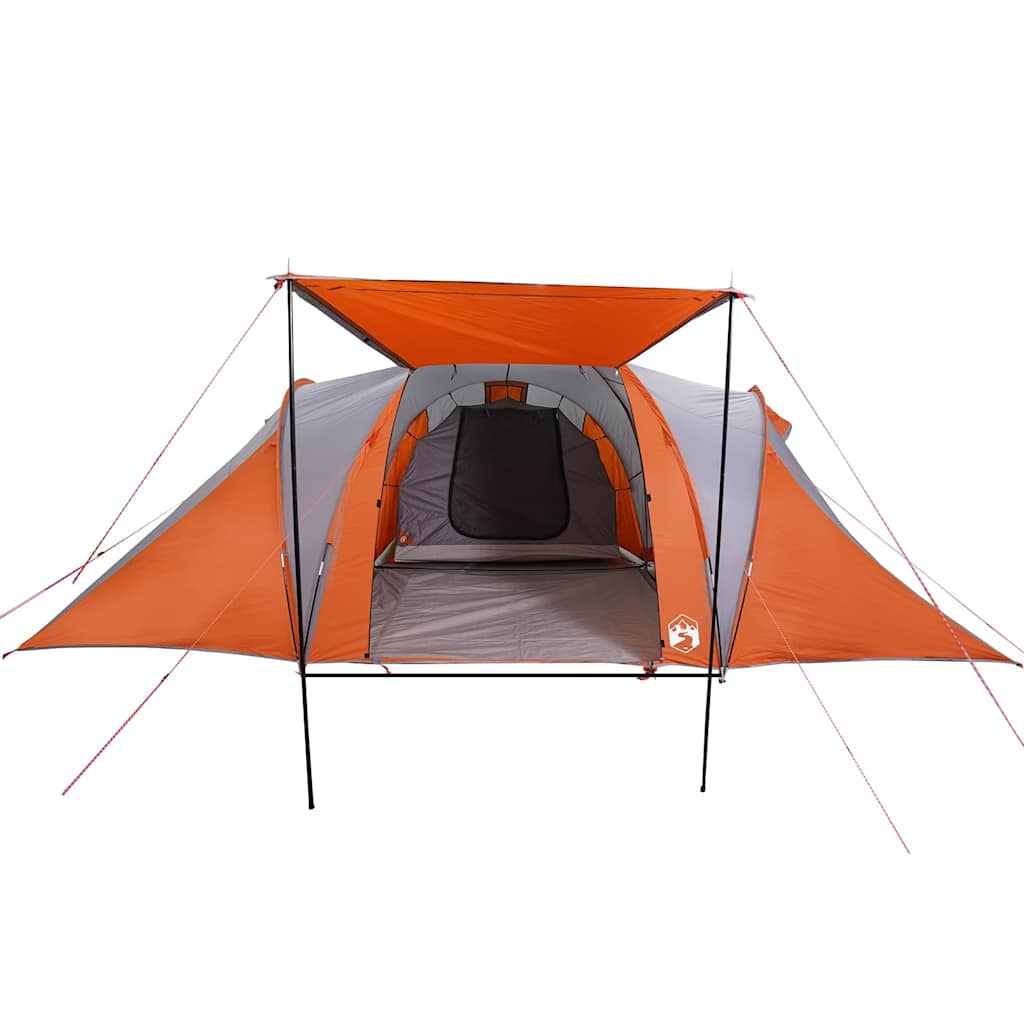 Detail van de vidaXL koepeltent in grijs en oranje, met open ingang en tentdoek.