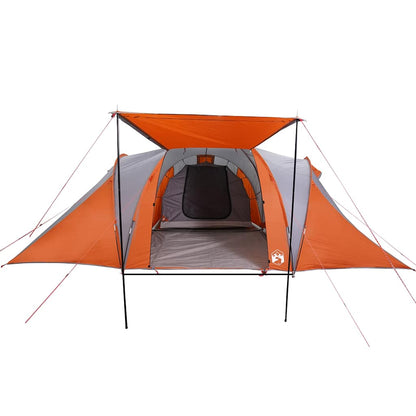 Detail van de vidaXL koepeltent in grijs en oranje, met open ingang en tentdoek.
