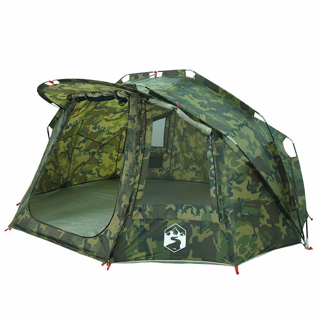 Zijaanzicht van de vidaXL Vistent tent in camouflage, met open ingangen voor ventilatie.
