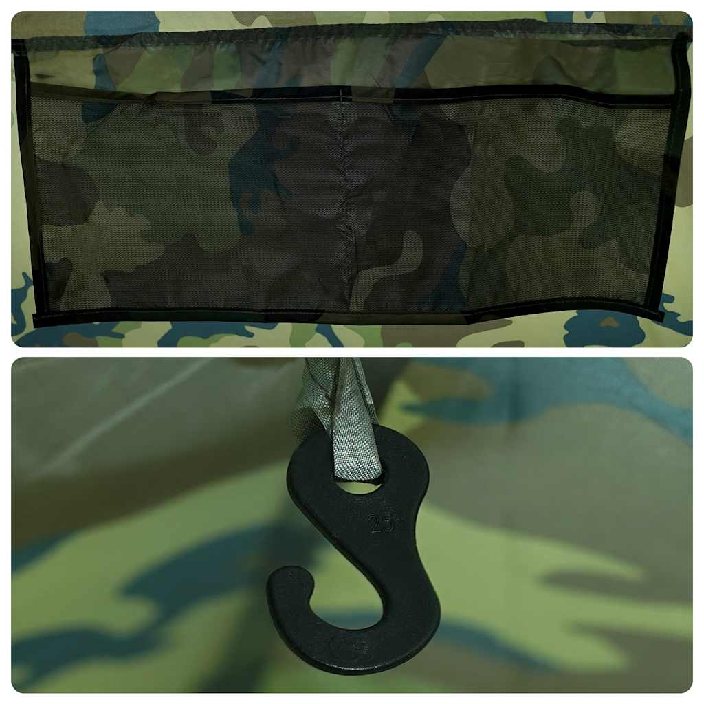 Detail van de camouflage tent met handige opbergruimte en haak voor accessoires.