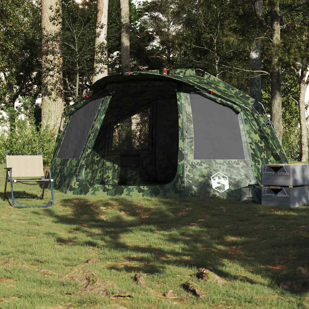 Detail van de vidaXL Vistent tent in camouflage, zijaanzicht met openingen en opbergruimte.