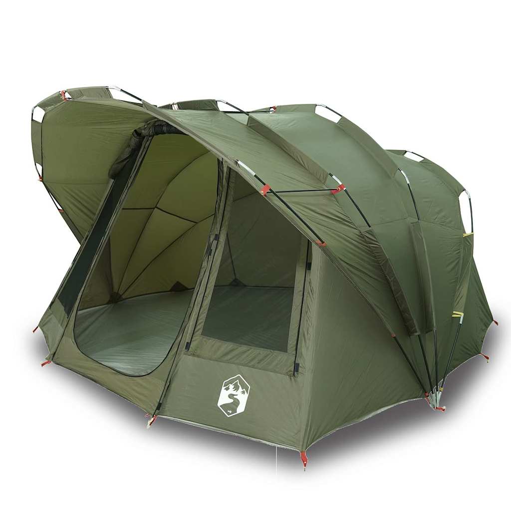 Detail van de vidaXL Vistent tent in olijfgroen, met open zijflap voor ventilatie.
