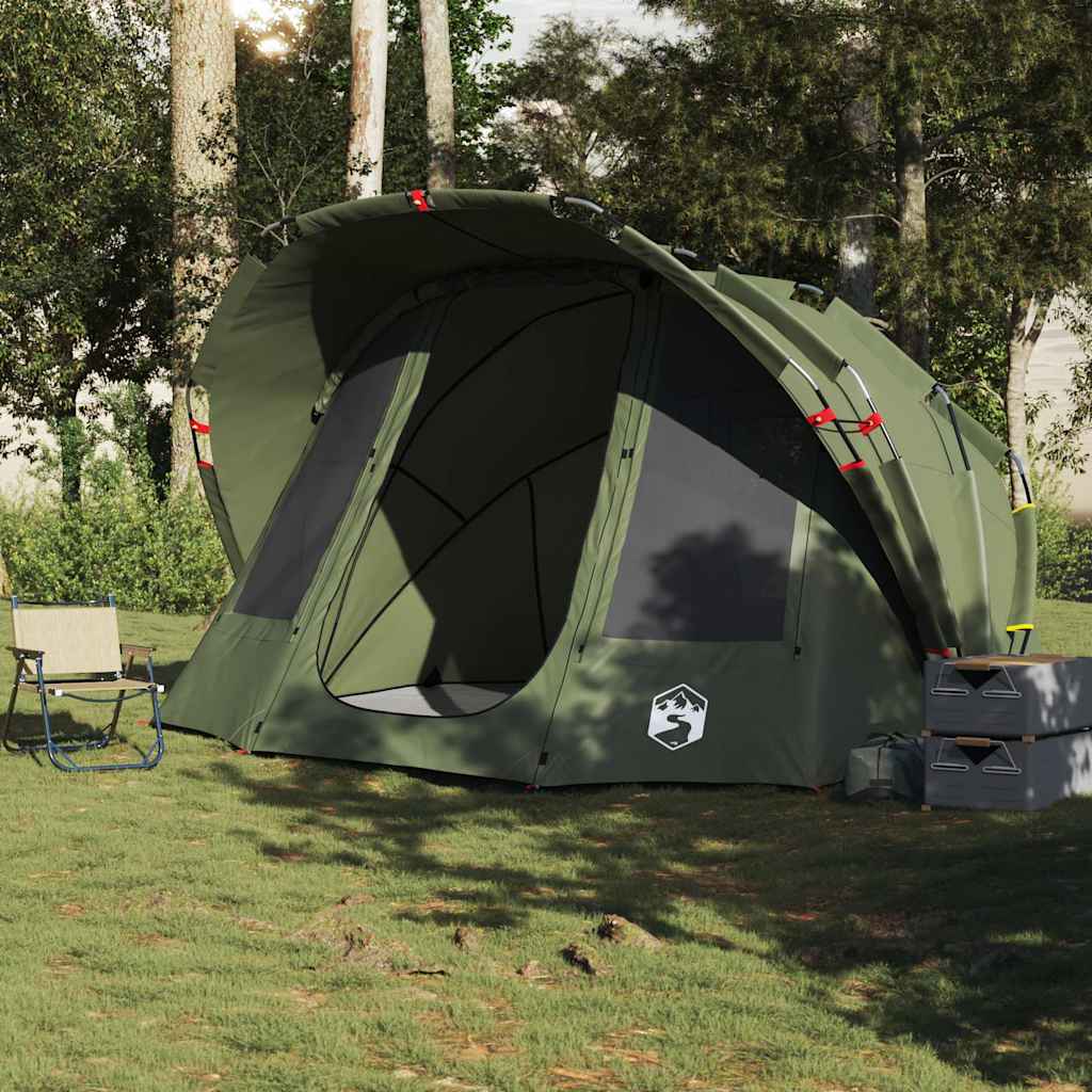 Zijaanzicht van de vidaXL Vistent 5-persoons tent in olijfgroen, met open ingang en waterdichte constructie.