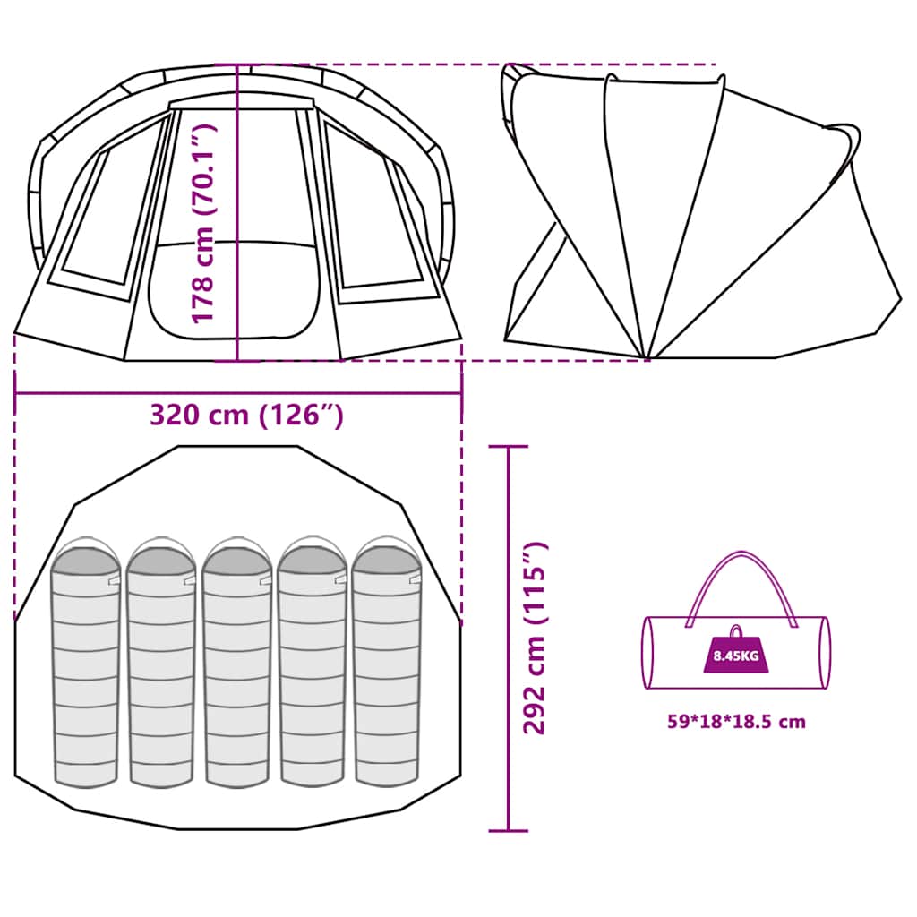 Detailtekening van de vidaXL Vistent tent met afmetingen en opbergmogelijkheden.