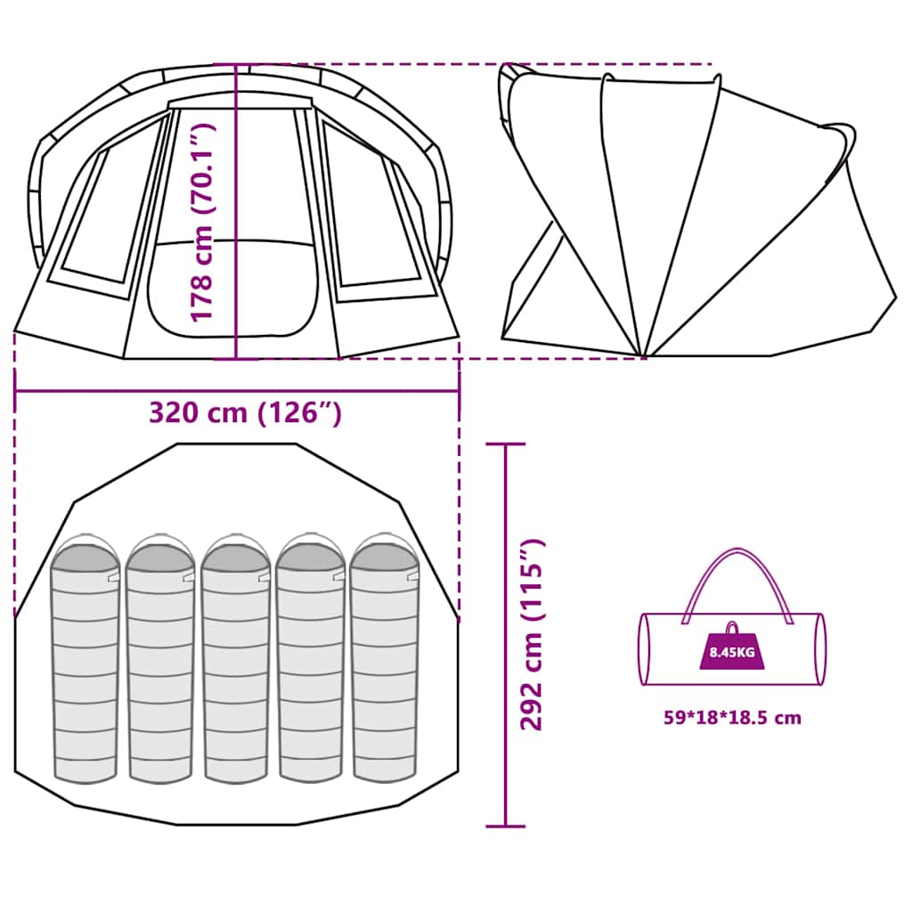 Detailweergave van de vidaXL Vistent tent met afmetingen en opbergtas.