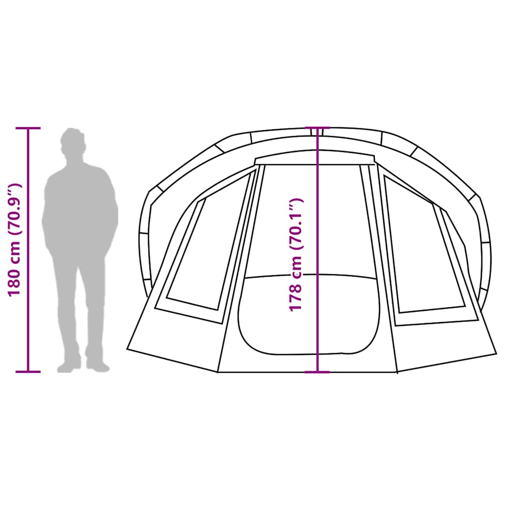 Zijaanzicht van de vidaXL Vistent tent met afmetingen en silhouet van een persoon.