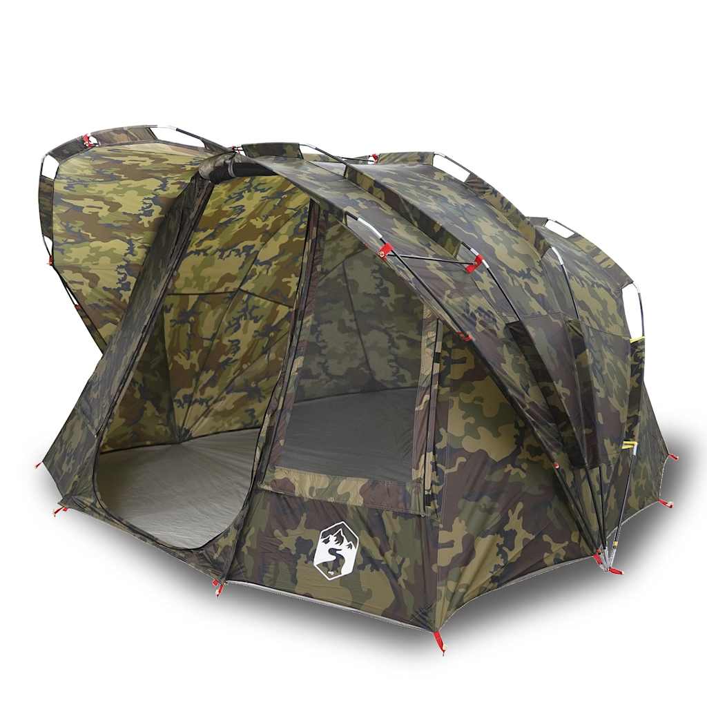 Detail van de vidaXL 5-persoons camouflage tent met opengeklapte zijwanden.