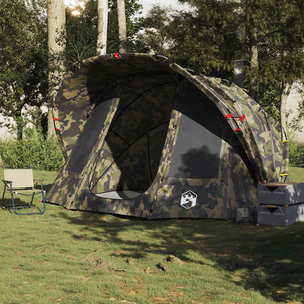 Detail van de vidaXL 5-persoons camouflage tent met open ingang en ventilatieroosters.