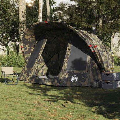 Detail van de vidaXL 5-persoons camouflage tent met open ingang en ventilatieroosters.