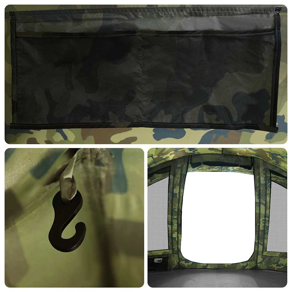 Detail van de camouflage binnenkant van de vidaXL 5-persoons tent met opbergvak en haak.