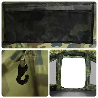 Detail van de camouflage binnenkant van de vidaXL 5-persoons tent met opbergvak en haak.