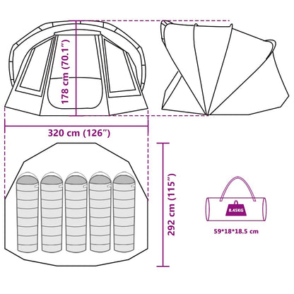 Detailtekening van de vidaXL 5-persoons waterdichte camouflage tent met afmetingen.