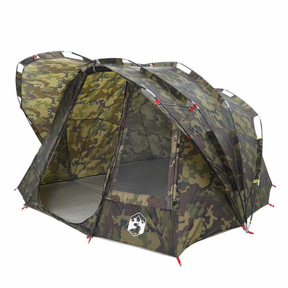 Detail van de vidaXL 5-persoons camouflage tent met open flappen en lichtgewicht structuur.