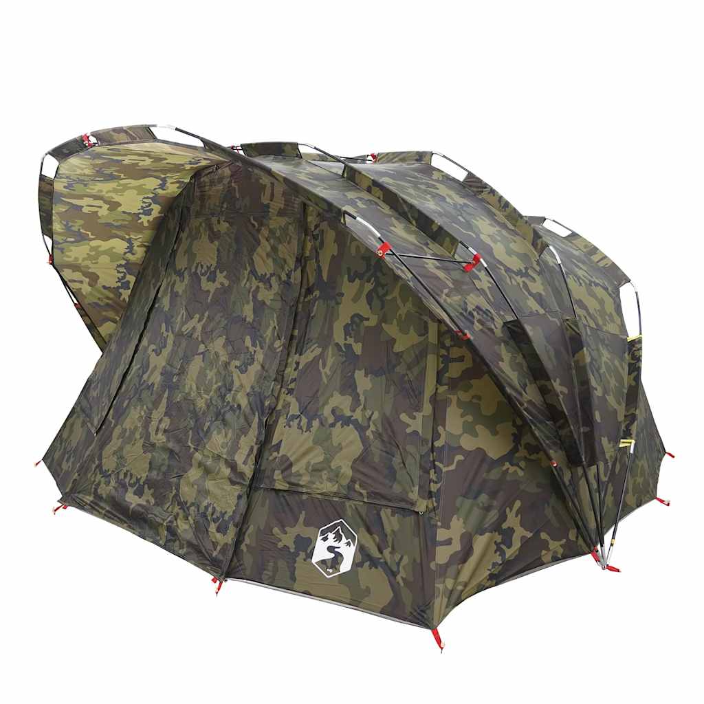Detail van de vidaXL 5-persoons camouflage tent met waterdicht ontwerp en openstaande luifel.