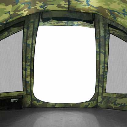 Detail van de camouflage tent van vidaXL met grote openingen voor ventilatie.