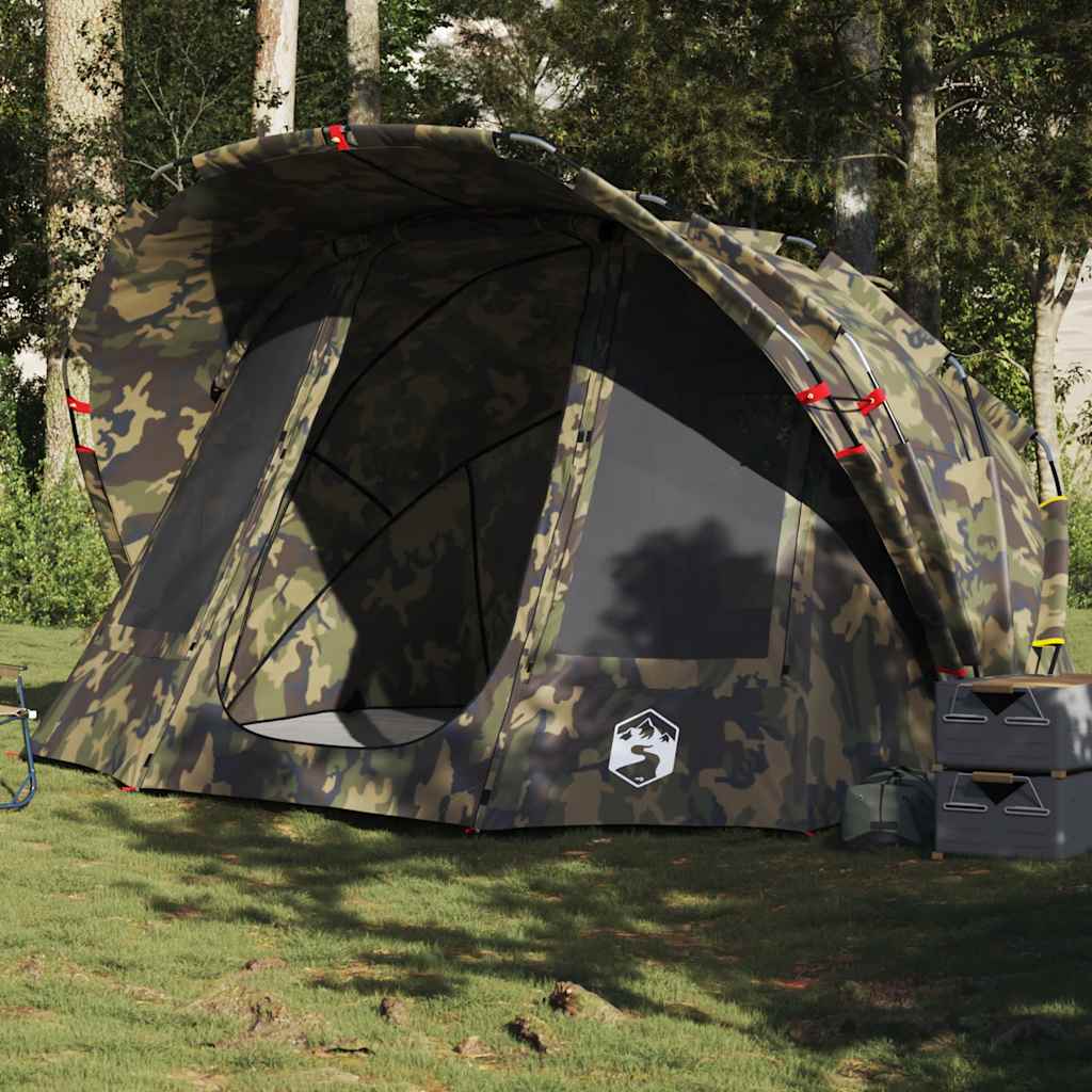 VidaXL 5-persoons waterdichte camouflage tent met open ingang en ventilatieroosters.
