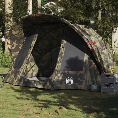 VidaXL 5-persoons waterdichte camouflage tent met open ingang en ventilatieroosters.