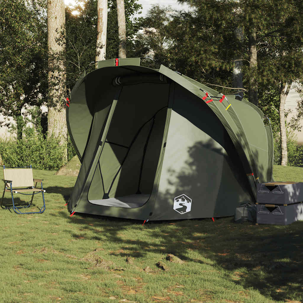 Detail van de vidaXL 4-persoons waterdichte tent in olijfgroen, zijaanzicht met open ingang.