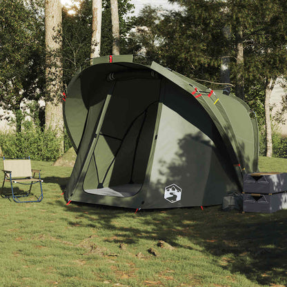 Detail van de vidaXL 4-persoons waterdichte tent in olijfgroen, zijaanzicht met open ingang.