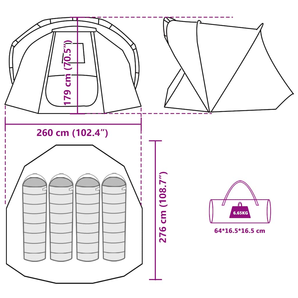 Detailweergave van de afmetingen en opvouwbare tas van de vidaXL 4-persoons vistent.