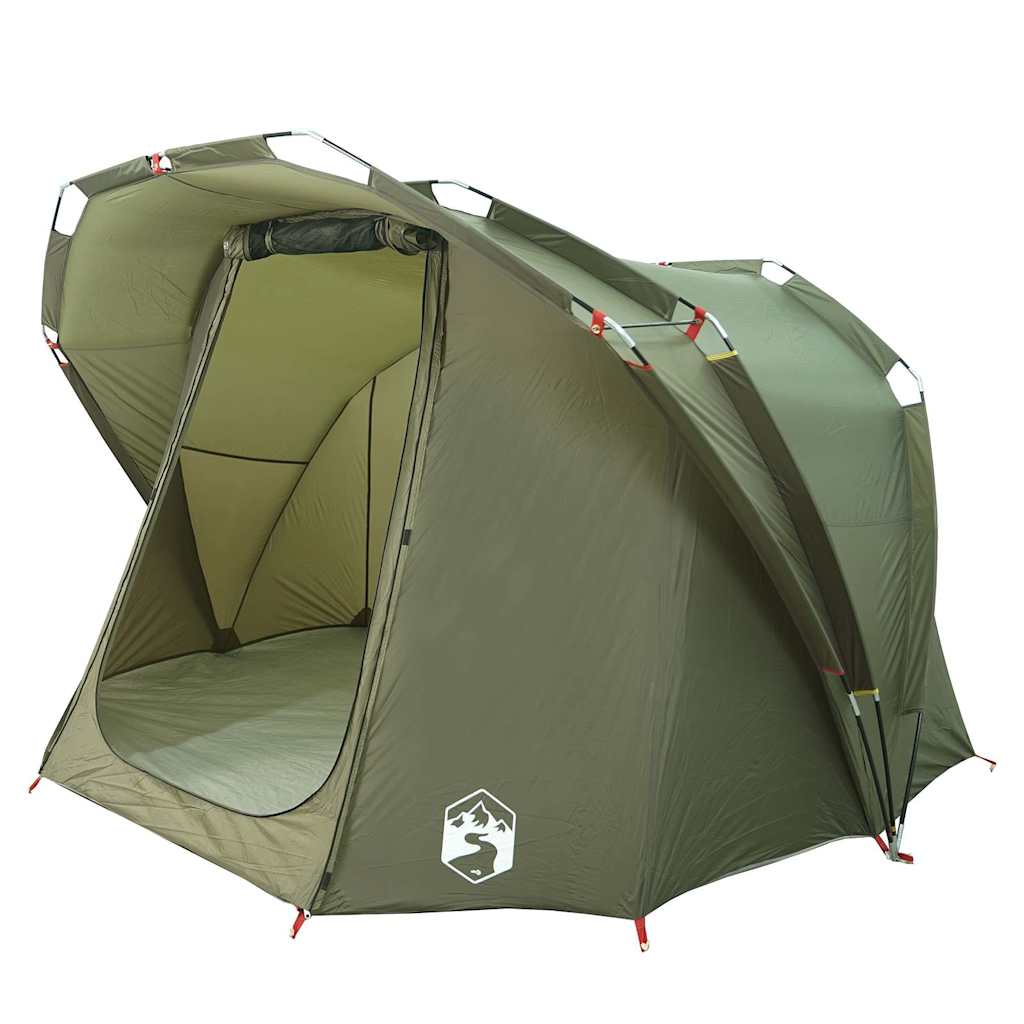 Detail van de vidaXL 4-persoons waterdichte tent in olijfgroen, zijaanzicht met open ingang.