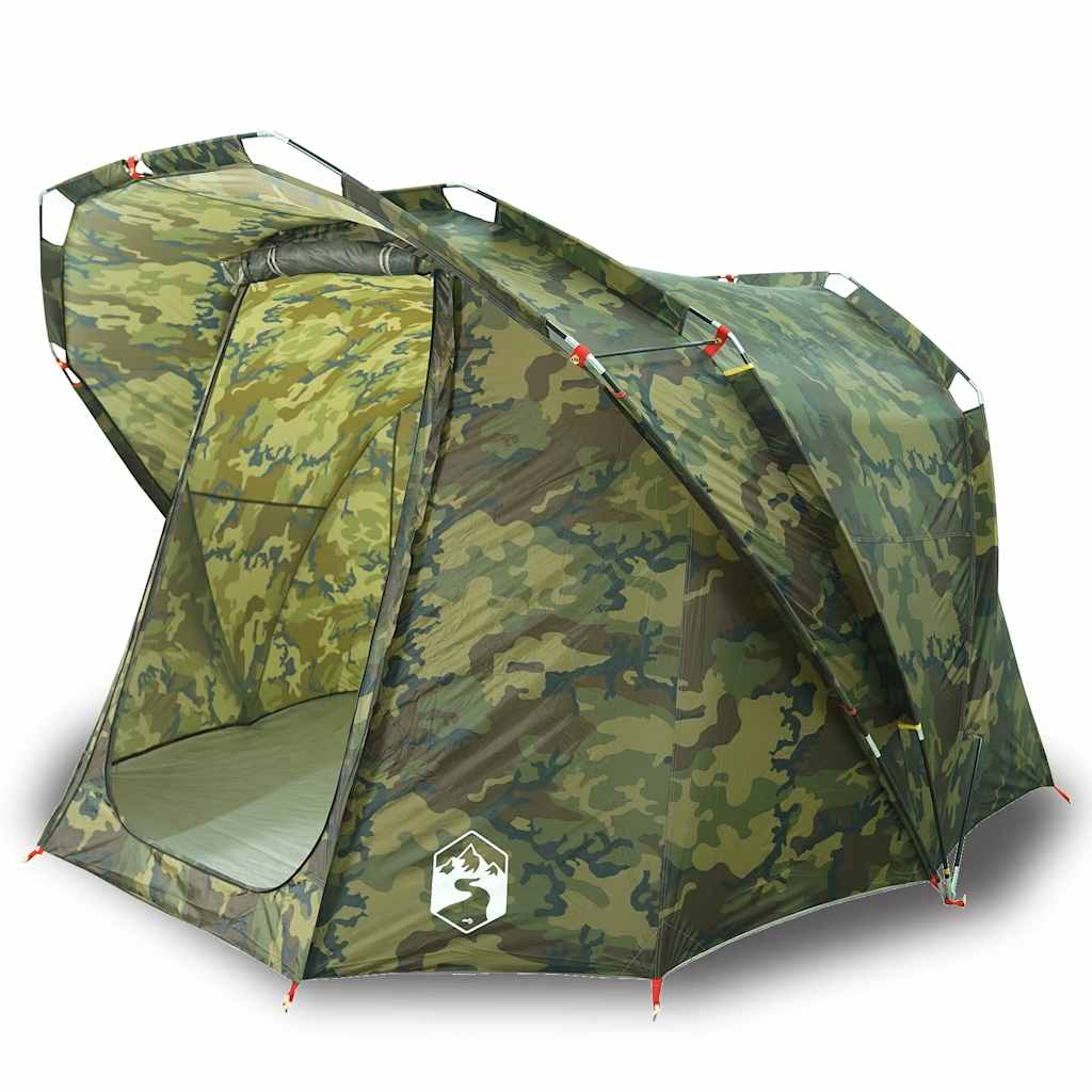 Zijaanzicht van de vidaXL 4-persoons camouflage tent met open ingang.