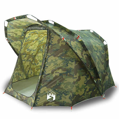Zijaanzicht van de vidaXL 4-persoons camouflage tent met open ingang.