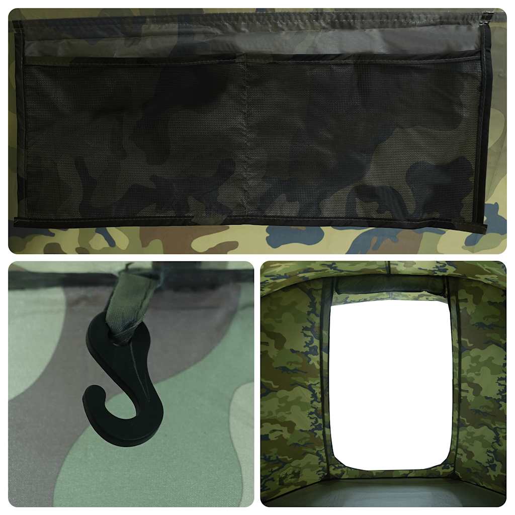Detail van de camouflage tent met opbergvakken en haak voor accessoires.