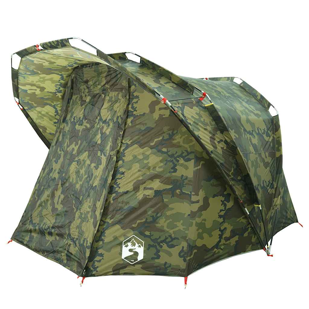 Detail van de vidaXL 4-persoons camouflage tent met open zijpanelen.