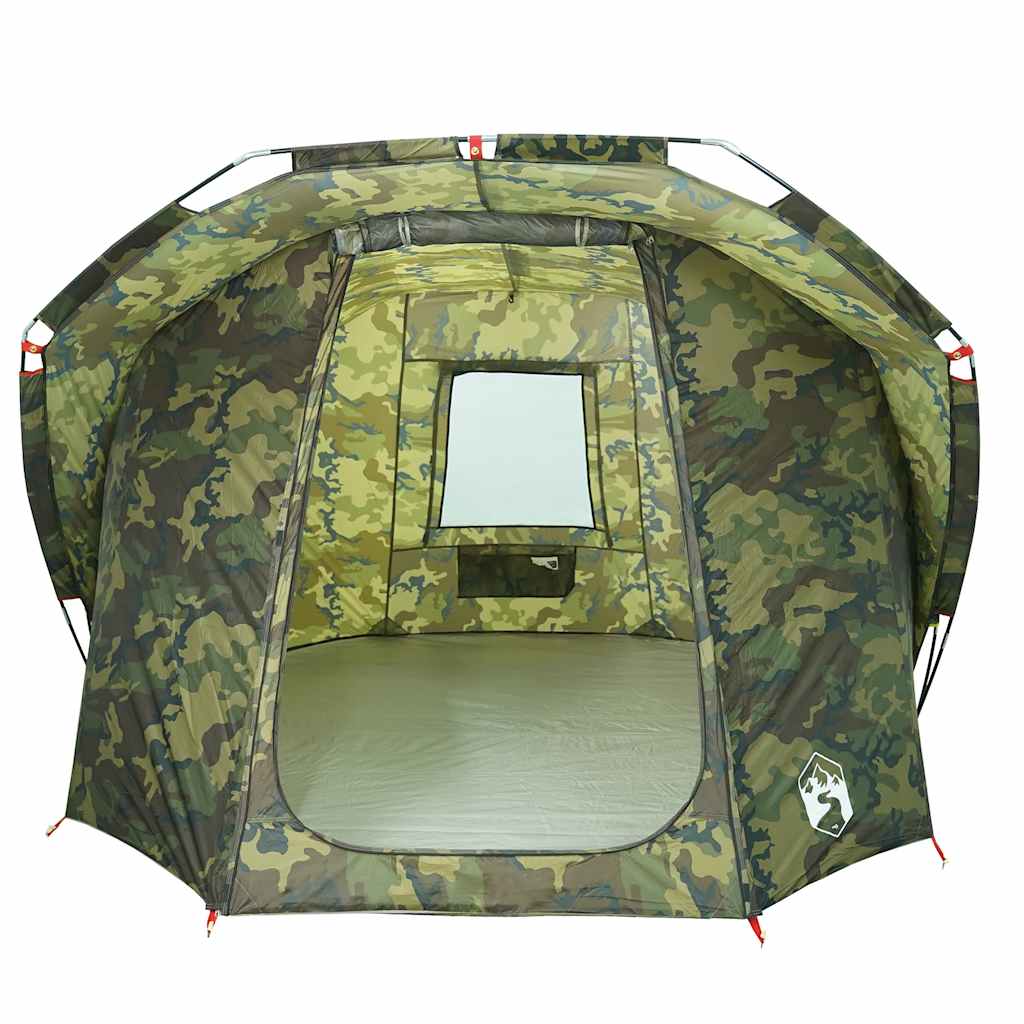 Detail van de vidaXL camouflage tent met open ingang en venster aan de zijkant.