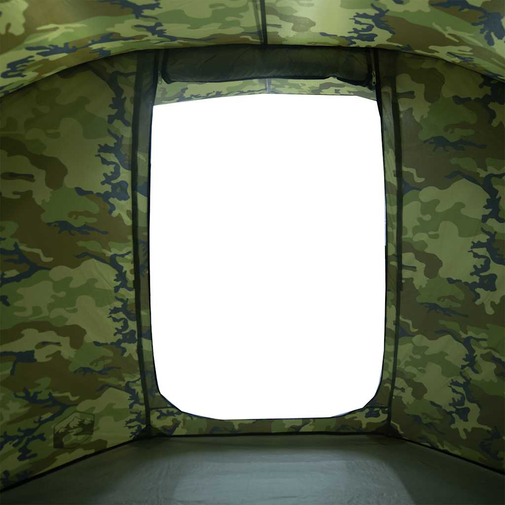 Detail van het camouflagedak van de vidaXL 4-persoons tent met een grote opening.