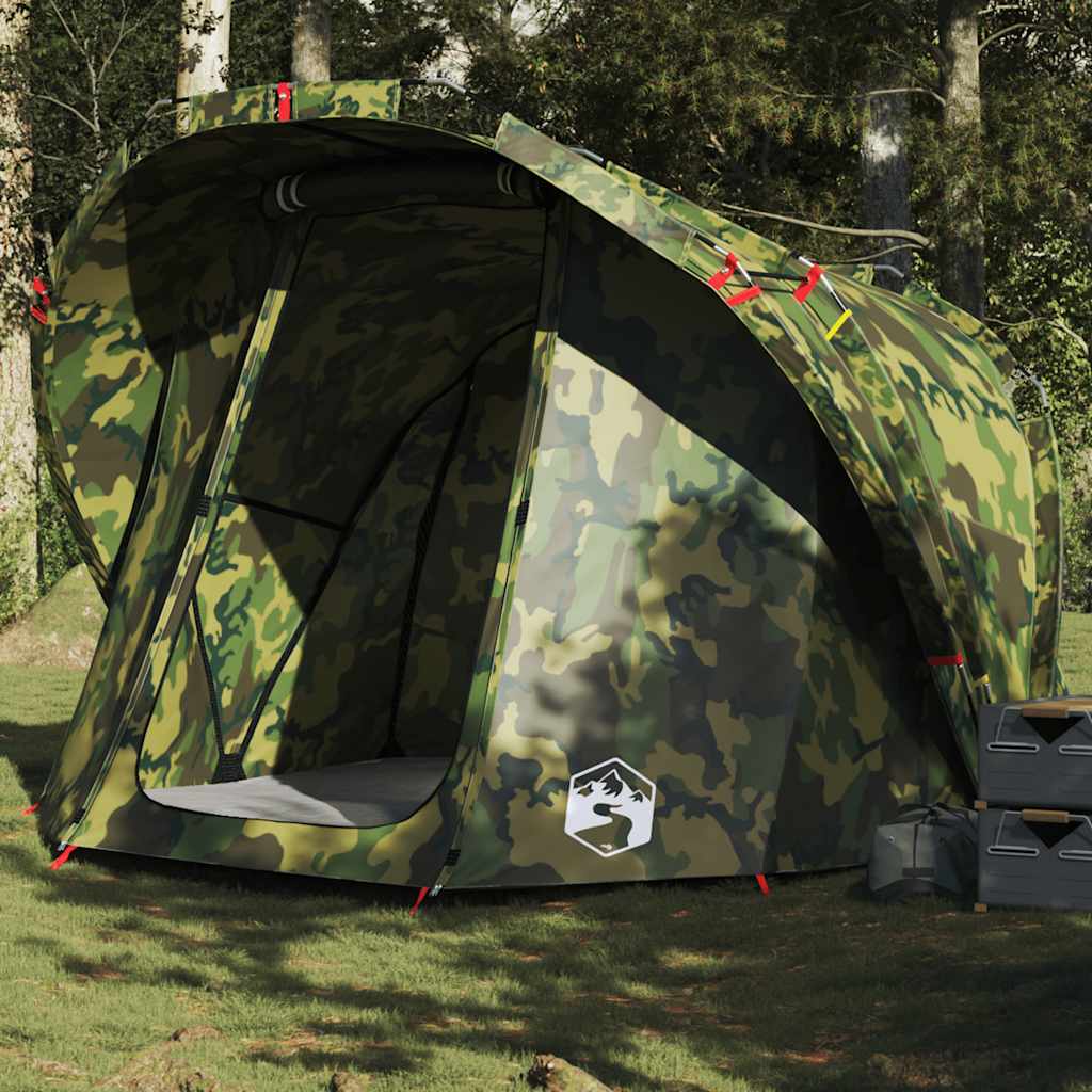 vidaXL 4-persoons camouflage tent met waterdicht ontwerp, zijaanzicht in bosrijke omgeving