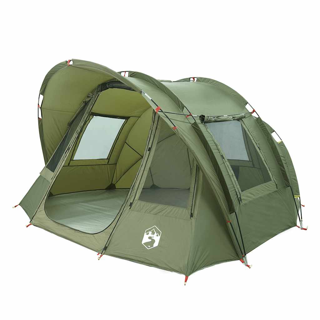 Detail van de vidaXL 2-persoons tent in olijfgroen met open ingangen en ventilatie.