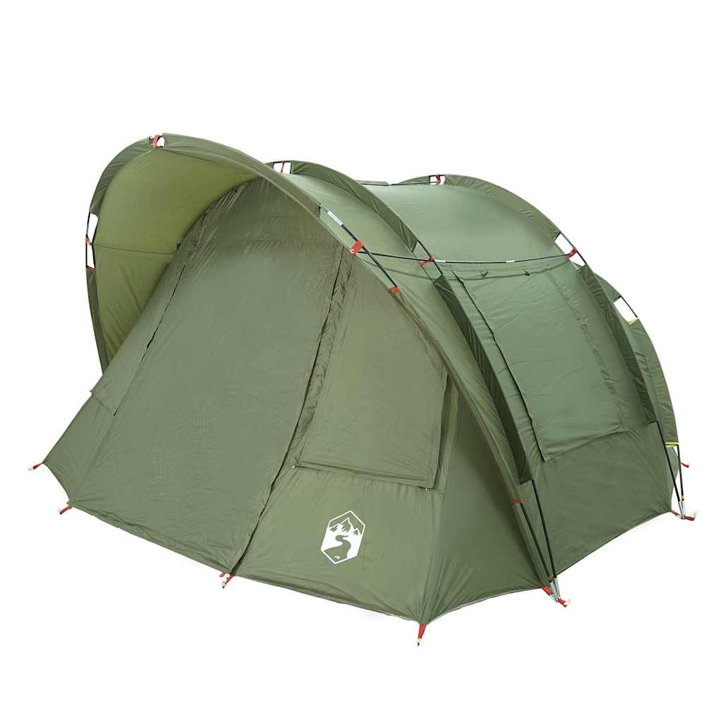 Detail van de vidaXL 2-persoons waterdichte tent in olijfgroen, zijaanzicht met openingen.