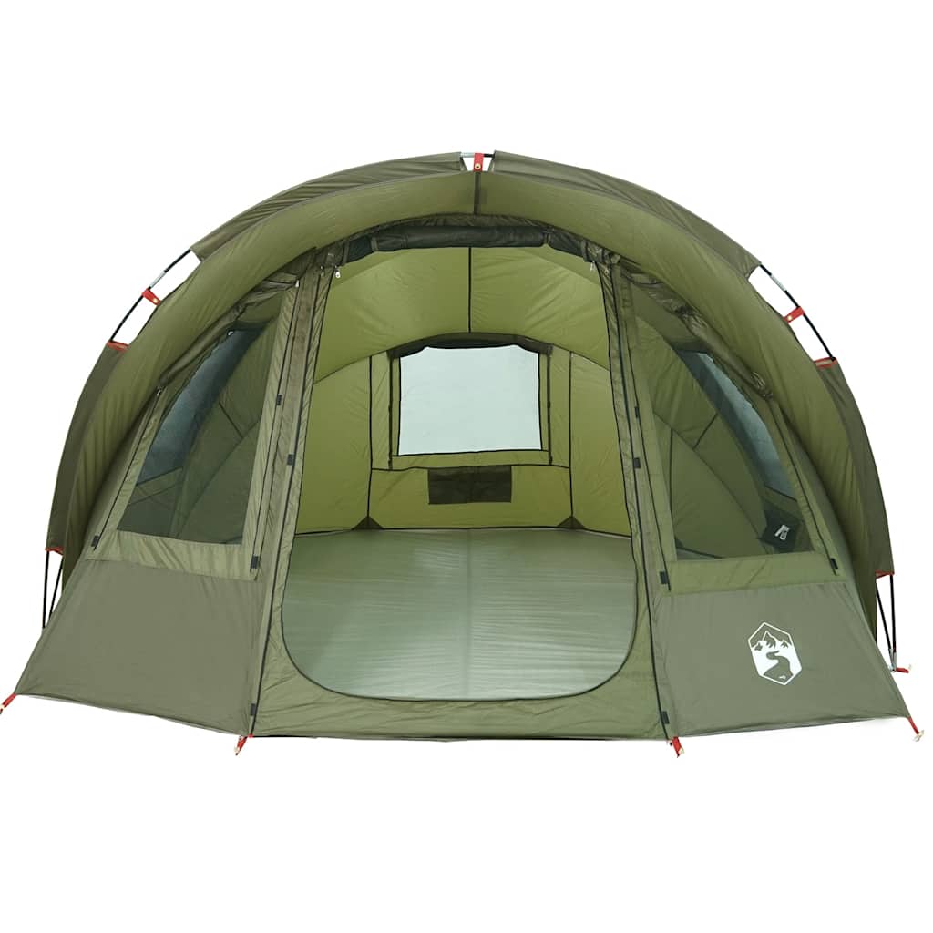 Detail van de vidaXL 2-persoons tent in olijfgroen met open ingang en ventilatieroosters.